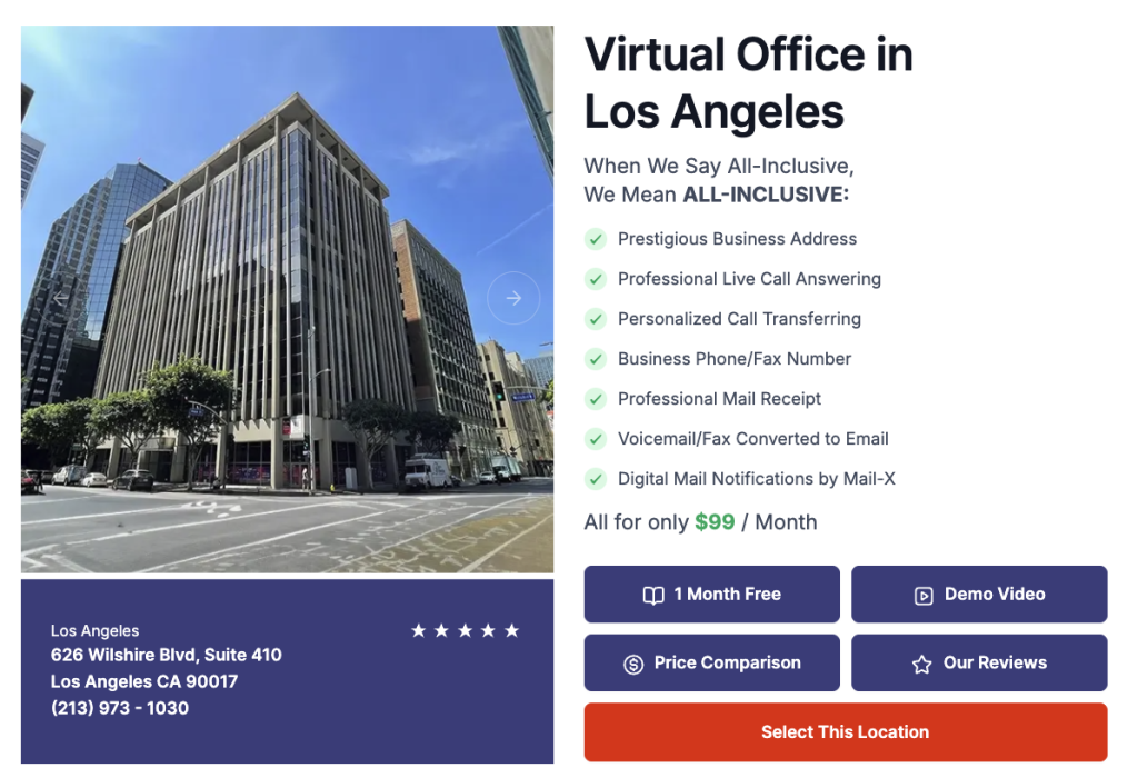 Exterior view of a professional office building in Los Angeles, with a breakdown of all-inclusive virtual office services such as live call answering, mail receipt, and business address for $99/month.